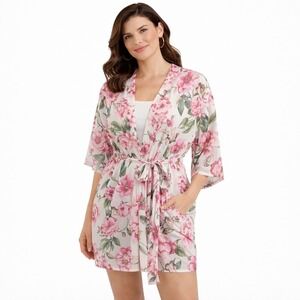 Show Me Your Mumu Floral Robe Pink Green Botanical White Boho Kimono OS